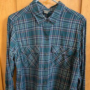 Eddie Bauer Womens Plaid Shirt L Dark Green Navy
